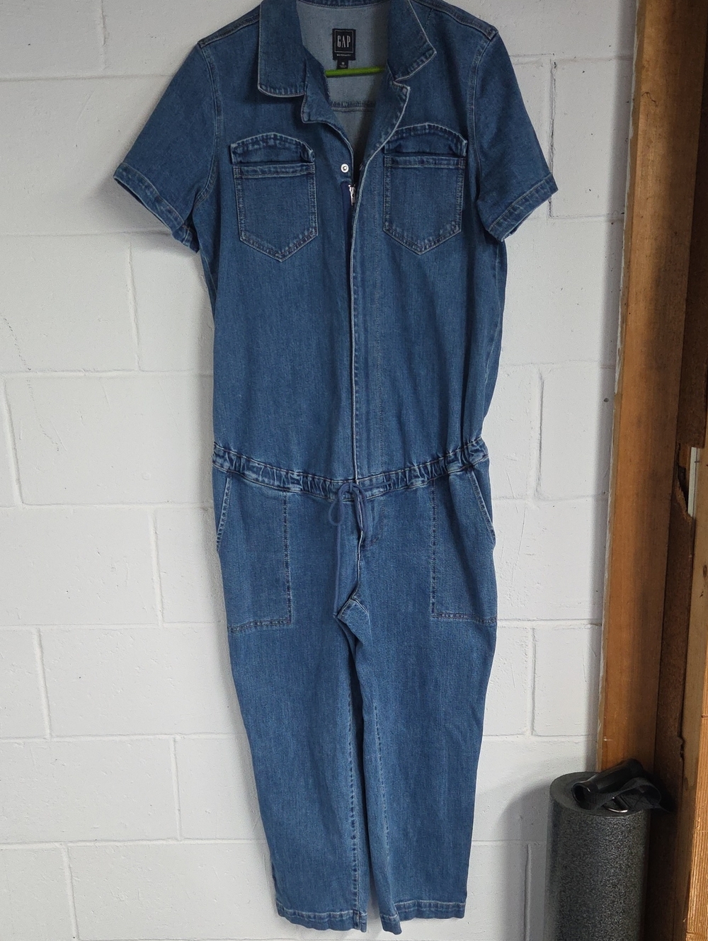 GAP Blue Denim Short-Sleeve Jumpsuit with Drawstring Waist Maternity